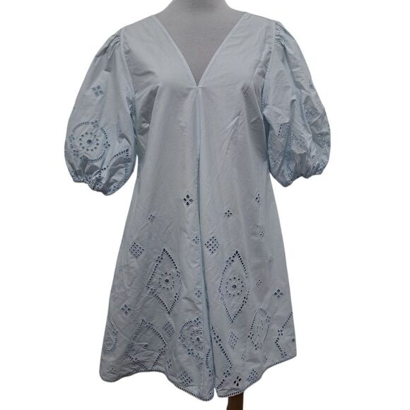 Ganni Broderie Anglaise Puff Sleeve Organic Cotton Mini Dress Illusion Blue S 42 - Picture 1 of 17